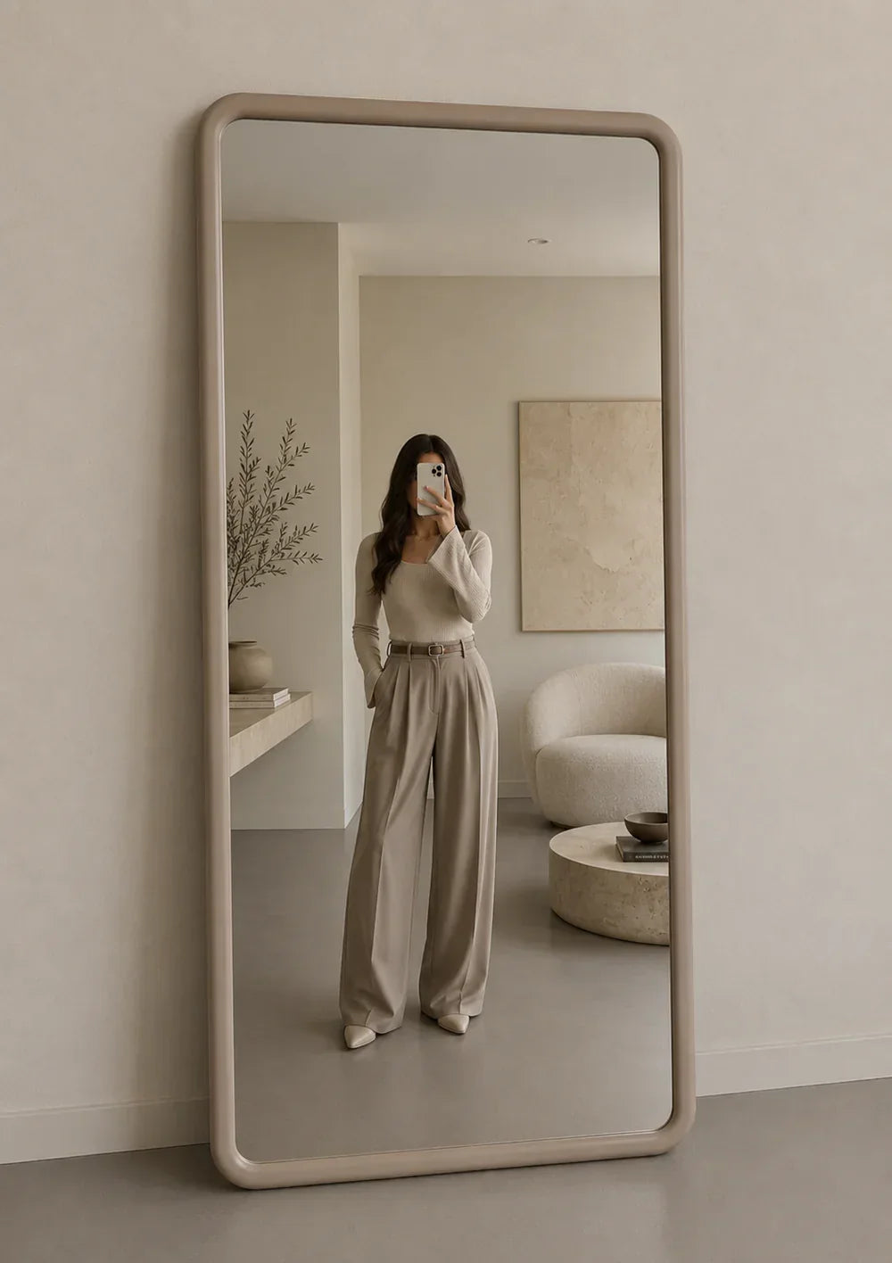 Miroir rectangulaire pleine longueur Mia – Bois de style Japandi – Taupe – 200 × 100 cm