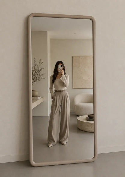 Miroir rectangulaire pleine longueur Mia – Bois de style Japandi – Taupe – 200 × 100 cm
